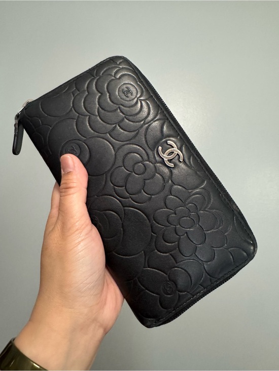 Chanel Lambskin Camellia Embossed Large Zip Around Gusset  CHANEL Black Quilted Camellia Zip-Around Wallet with Silver CC